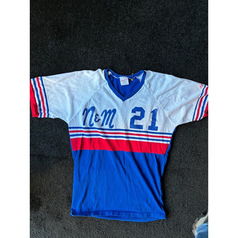 Vintage Rawlings M&M 21 Baseball Jersey Blue White Red USA Made Mens Medium